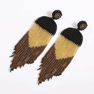 Long 4.5" Modern Art Deco Oversized Post Earrings Black Tan Gold New Tassel Boho